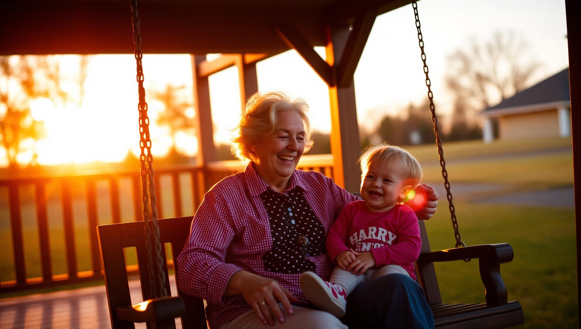 A grandparent and grandchild laughing together on a porch swing at sunset.